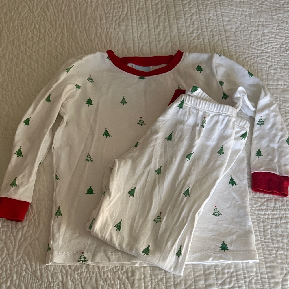 bella bliss White Pajama Set with Green Trees and Red Trim